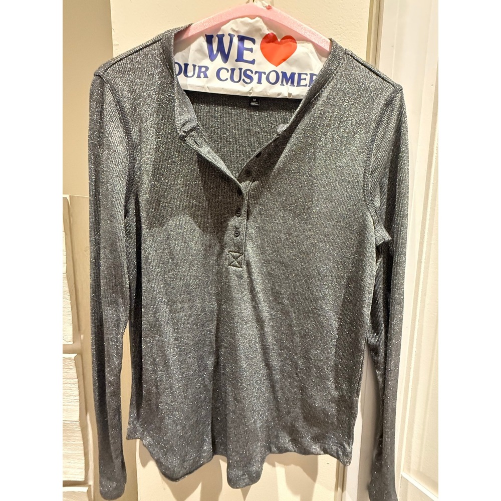 Gap Womens Metallic Shimmer Henley Top Charcoal Gray Long Sleeve Ribbed Size M